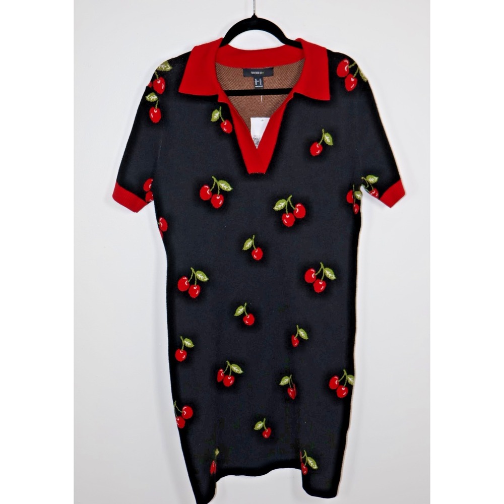 Forever 21 Sweater Dress Plus Size 1X Black Red Cherries